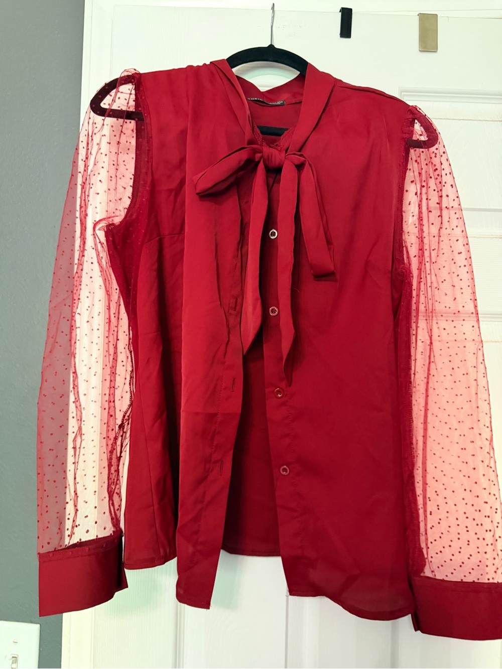 Burgundy sheer polka dot sleeve, tie neck button down blouse